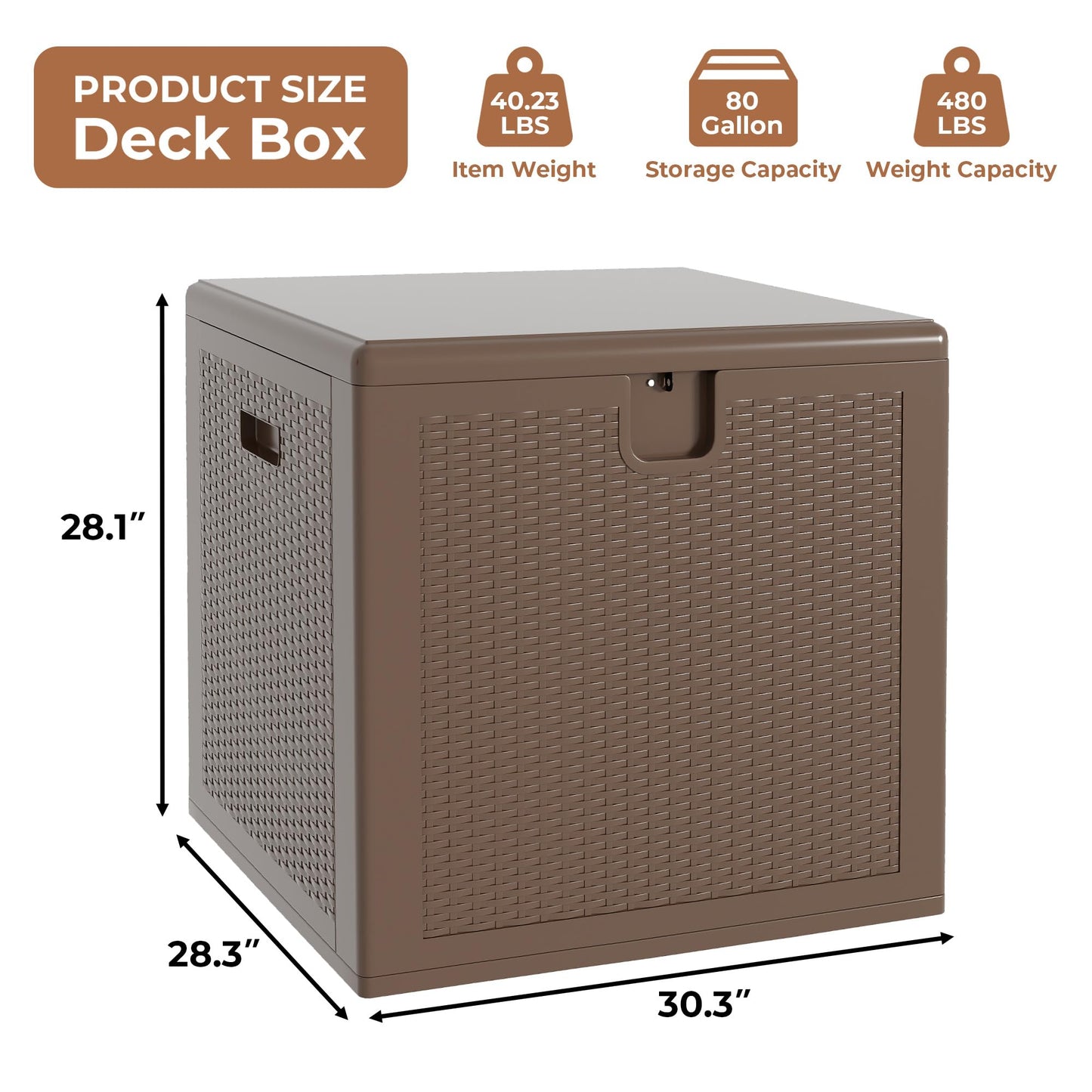 80 Gallon Outdoor Storage Box Waterproof, Lockable Resin Deck Box, Patio Deck Storage Box For Package Delivery, Square Deck Box Container for Furniture Cushions, Garden Tools, Pool Accessories