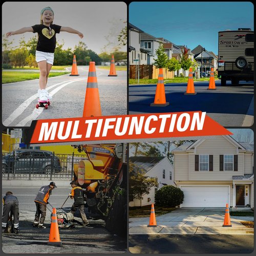 RoadHero 28 Inch Collapsible Traffic Safety Cones with Black Weighted Base, Construction Orange Cones with Reflective Collars for Road Safety, Driving Training, Parking Lots, 2 Pack