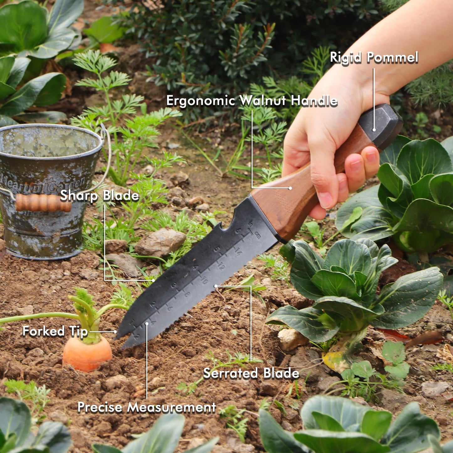 Restmo Professional Hori Hori Garden Knife with Sheath, Heavy Duty High-Strength Stainless Steel Dual-Edge with Depth Gauge, Full-Tang Design & Ergonomic Walnut Handle for Gardening & Farming