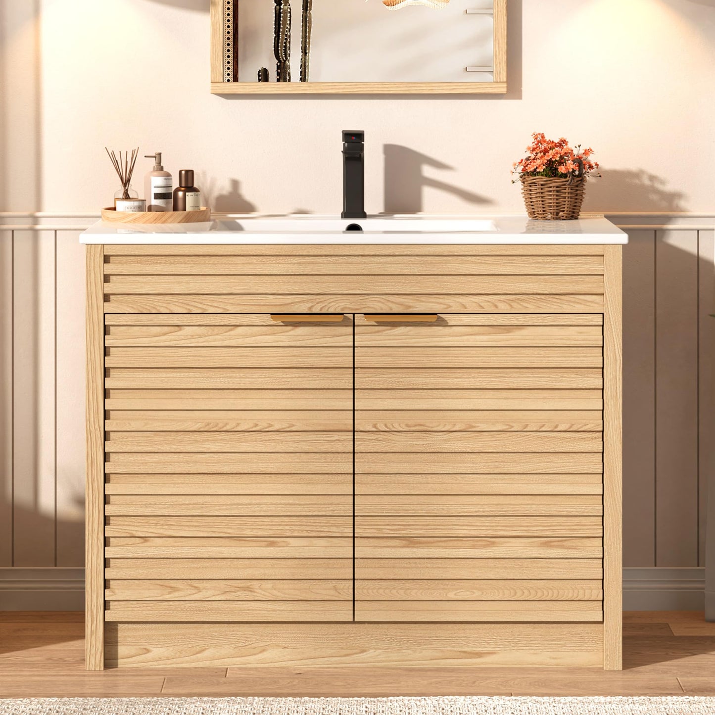 Squireewo 36 Inch Bathroom Vanity with Sink, Mid-Century Modern Bathroom Vanity with Storage Cabinet, Freestanding Bathroom Cabinet with Door Shelves and Faucet, Light Oak