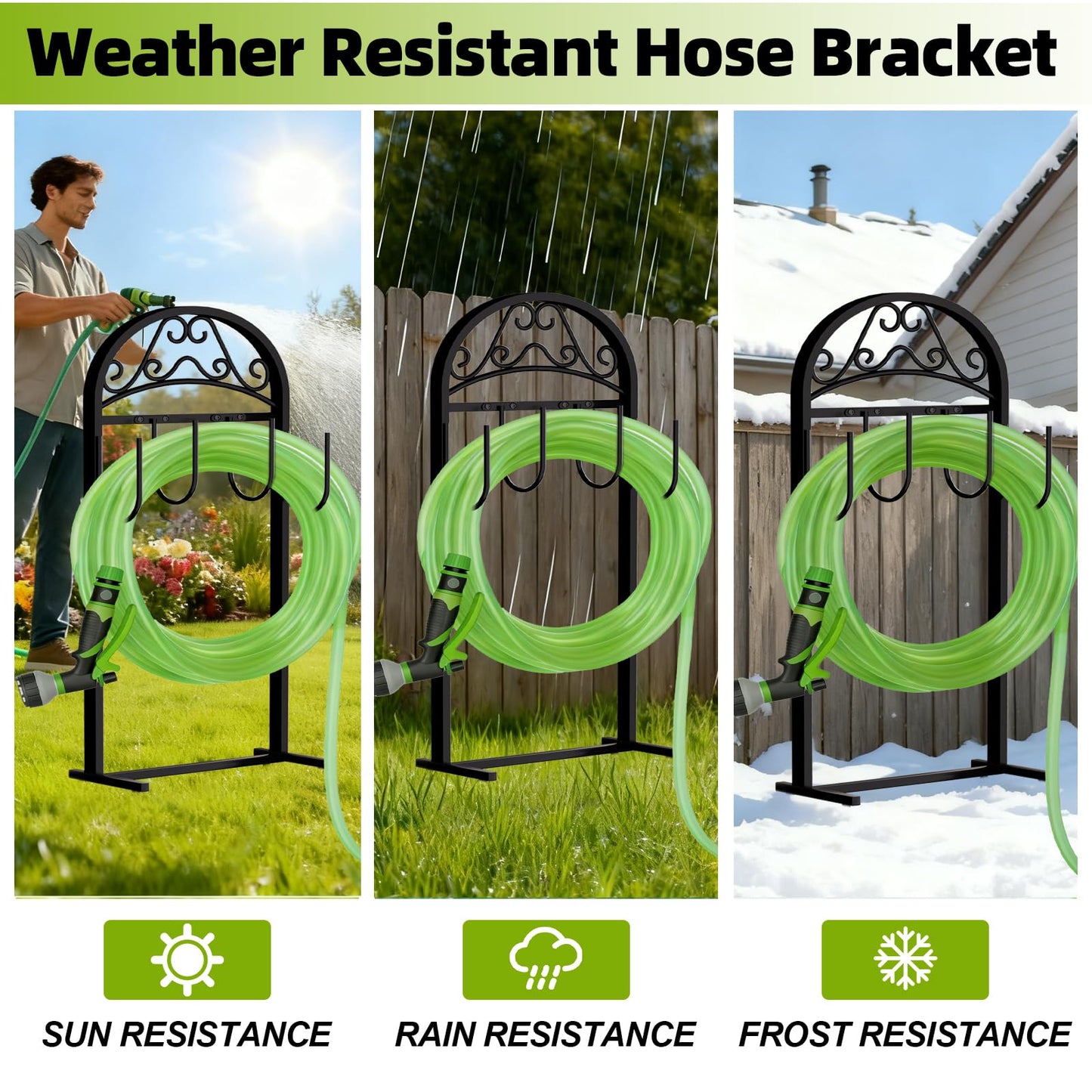 Freexployer Garden Hose Holder, Hose Holder Stand Rustproof Freestanding Heavy-Duty with Sturdy Metal Hose Stand and Hanger, Hoses Storage Holds 100Ft Hose Reel for Outside Yard