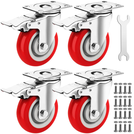 Castrek 4 Inch Caster Wheels Heavy Duty Casters Set of 4 (2200lbs Load Capacity) Lockable Cart Wheels with Brakes, 360 Degree Rotatable - Ideal Caster for Cart, Furniture and Workbench (4 x Brakes)