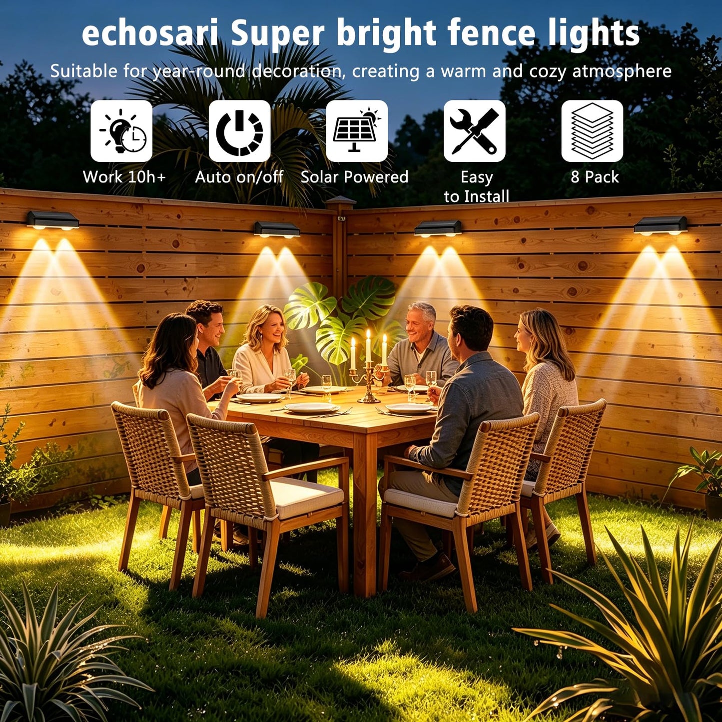 echosari Solar Fence Lights 8 Pack, 100 Lumen Ultra Bright Solar Wall Lights Outdoor Waterproof Lighting Auto ON/Off for Backyard Patio Railing Porch Step (2700K Warm White)