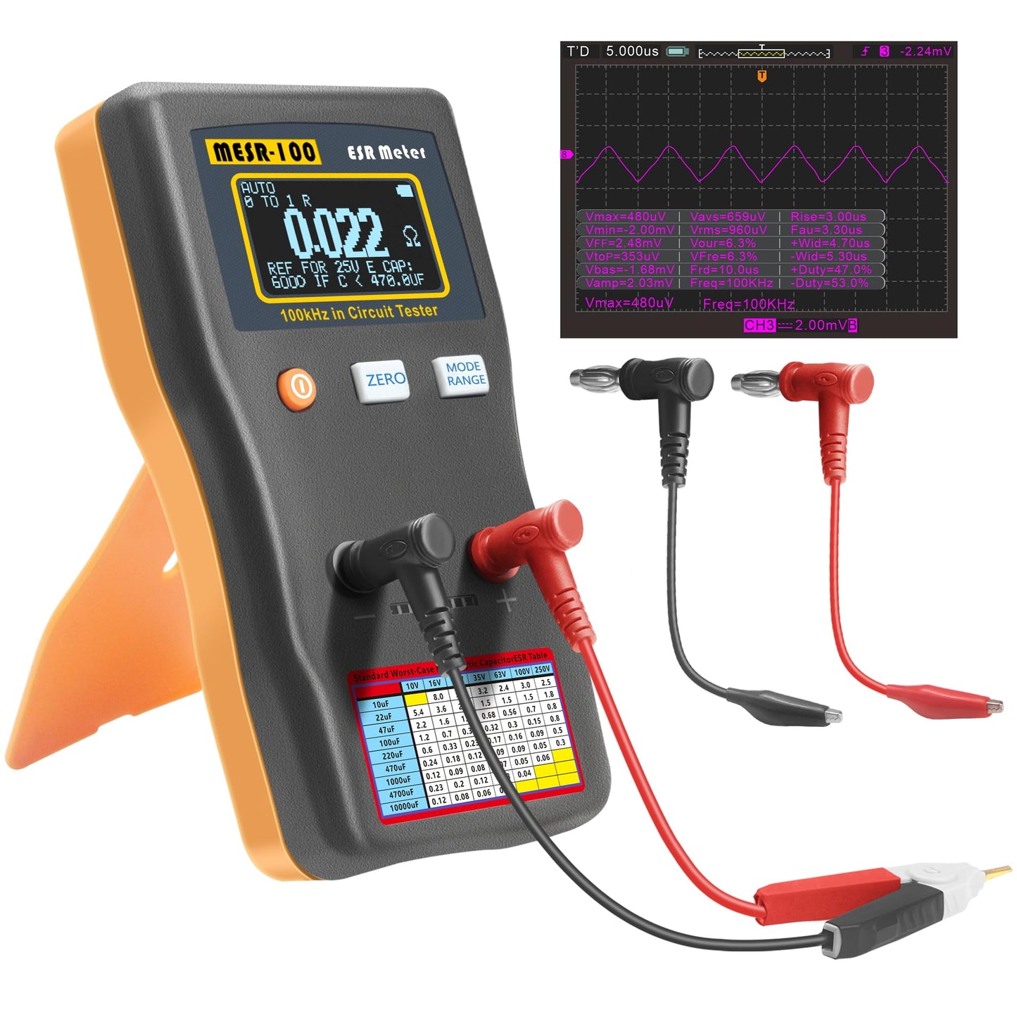 Wisamic MESR-100 V2 Automatic Range Switching, ESR Meter Capacitor Tester, Low Ohm Meter Up to 0.01 to 100R, Alligator Clip and SMD Test Clip Supporting Capacitance Meter Measurement in The Line