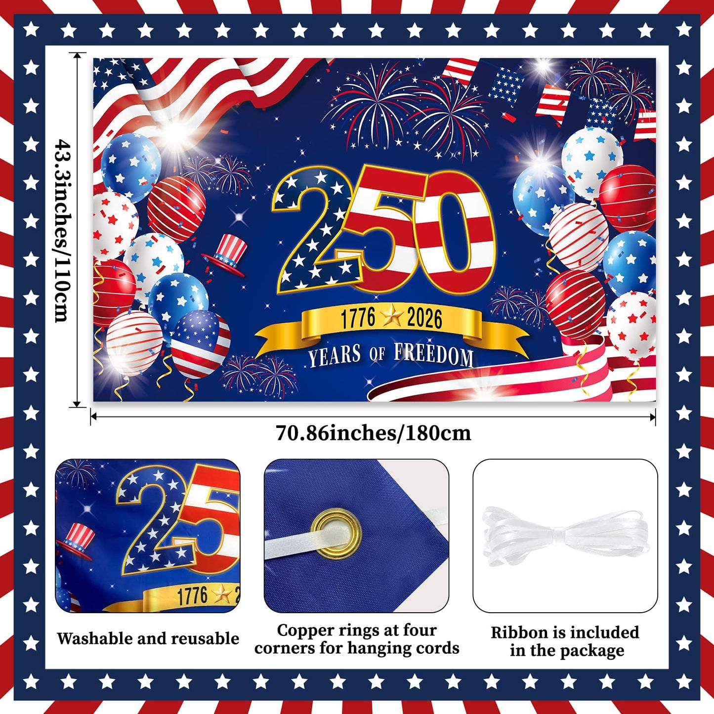 250th Anniversary American Backdrop, 4th of July Party Decorations,1776-2026 250th Birthday Fabric Banner with Grommets, Independence Day Decorations for Outdoor, Indoor, Yard, Garden, Porch