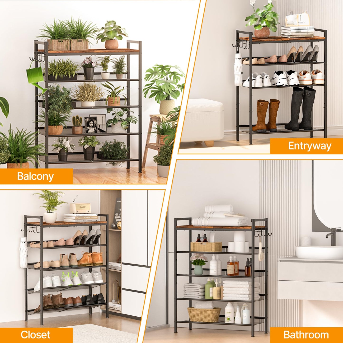 neatevday 4 Tier Shoe Rack, Shoe Rack for Front Door Entrance with Hook, Shoe Organizer with Adjustable Mesh Shelves, Metal Shoe Rack for Entryway, Closet, Bedroom Living Room Garage