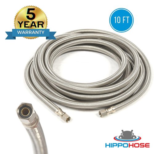 Refrigerator Icemaker Hose (10 FT) - Universal Fit to ALL Refrigerator Brands - Icemaker Water Supply Line - ¼” x ¼” Connections - SS Refrigerator Supply Hose for Ice & Water