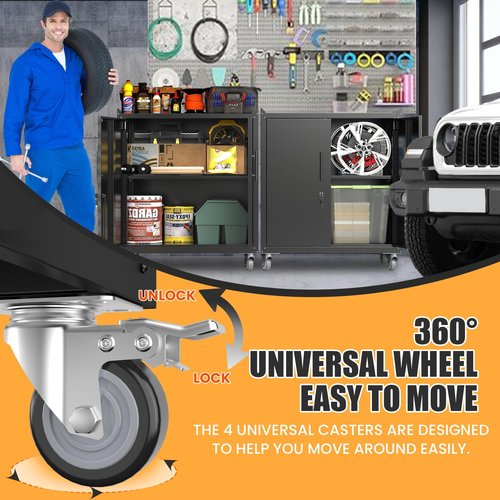 Hymnxemo Heavy Duty Metal Garage Storage Cabinet with Lockable Doors & Wheels - 36-Inch Adjustable Shelf Tool Organizer for Warehouse, Basement - Black Utility Locker Cabinet
