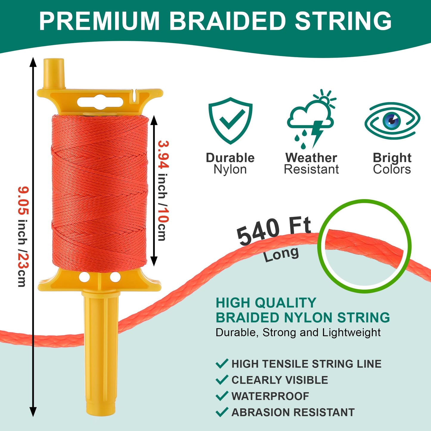 2 Pack Mason Line with Handle, Twisted 540 FT #18 Reloadable Reel with 10 Levels, Braided Nylon Construction String Line for Gardening, Masonry Tools, Surveying, Kite Twine String or DIY(Orange)