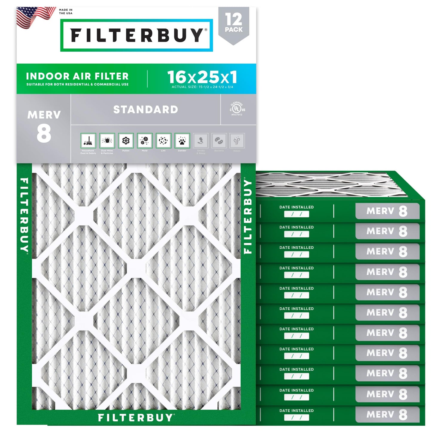 Filterbuy 16x25x1 Air Filter MERV 8 Essential Dust & Allergy Defense (12-Pack), Electrostatic Pleated HVAC AC Furnace Filters Replacement, Made in USA (Actual Size: 15.50 x 24.50 x 0.75)