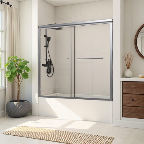 Osparple Shower Door 56-60" W x 58" H Semi-Frameless Double Sliding Tub Shower Doors Glass Shower Door with 1/4" (6mm) Clear SGCC Tempered Glass, Towel Rail and Auxiliary Handle, Chrome