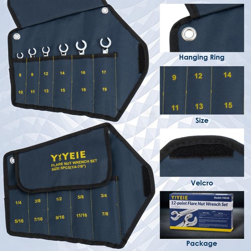 YIYEIE 11-Piece Flare Nut Wrench Set, Metric & SAE, 12-Point Line Wrench Set for Brake, Fuel and Tubing, CR-V Steel, 8mm-19mm & 1/4"-7/8"