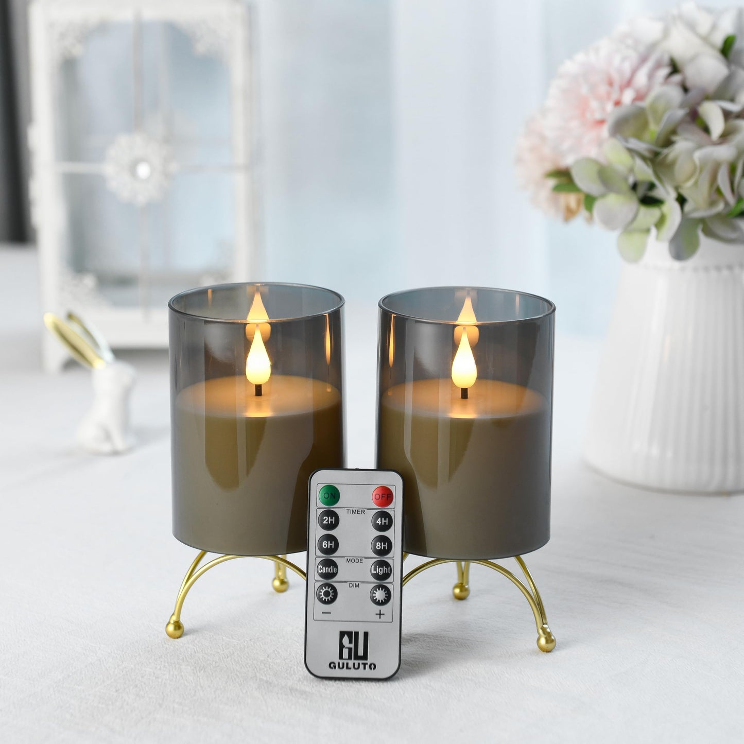 Guluto Flameless Flickering Candles, Non-breakable Battery Operated Candles, D 3" xH 4", Set of 2, Led Acrylic Grey Electric Pillars Candle with Remote and Timers for Wedding Party Romantic Decor