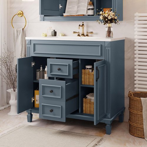 Merax 36” Bathroom Vanity with Sink, Freestanding Single Bathroom Sink Vanity Cabinet Set with 36” Countertop & Integrated Sink, 2 Doors & 2 Drawers (Sink Cabinet Only, Blue)