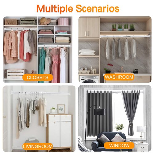 Closet Rod, 17 to 99 inches Adjustable Closet Rods for Hanging Clothes Heavy Duty Closet Hanging Rod Metal White Rod for Closet, Wardrobes, Bathroom, Windows