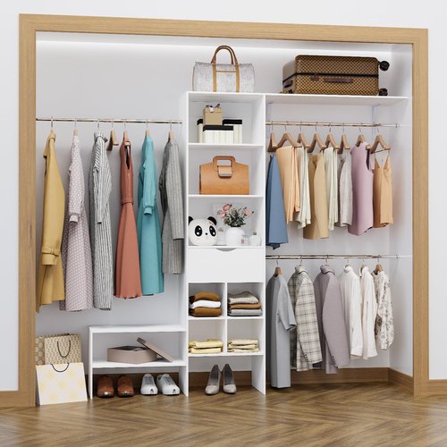 Benass Wood Closet Organizer System, Closet Organizer with 3 Hanging Rods & 1 Wooden Drawer – Adjustable Closet System for Walk-In Closets, Wood Shelves, Fits Spaces 3-8ft, Pure White