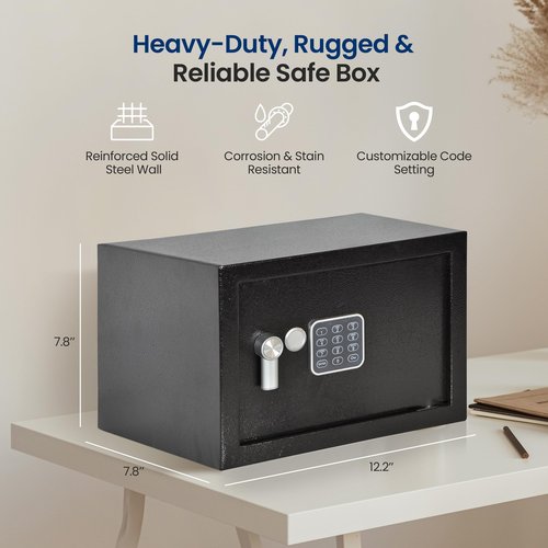 SereneLife Electronic Safe Box Heavy Duty 12.2’’ x 7.8’’ Lockbox Digital Keypad Code & 2 Key access Small Money Safe for Home & Office Secure Cash, Jewelry, Valuables Wall & Floor Mountable