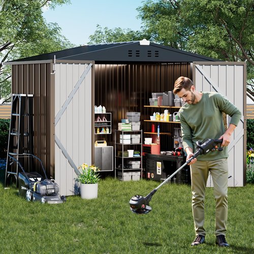 COMHOMA 8x6FT Shed Outdoor Storage Shed Metal,Lockable Doors Tool Sheds with Sloping Roof,Steel Garden Shed with Air Vent for Backyard,Patio,Lawn,Poolside(Brown)