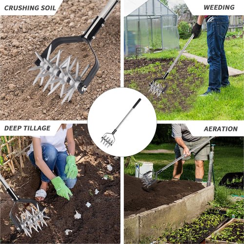 BARAYSTUS Rotary Garden Tool, Adjustable Hand Tiller, Long Handle Cultivator for Aerating, Weeding, Planting and Mixing Soil or Reseeding Grass