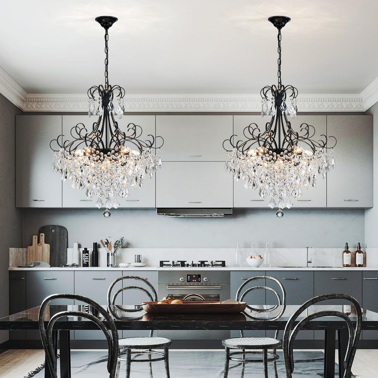 WUZUPS Crystal Chandelier 10-Light Pendant Ceiling Light Modern Lighting Fixture for Dining Room Hallway Bedroom Kitchen Bathroom, H 27.6" x W 22.8", E12 Base, Black