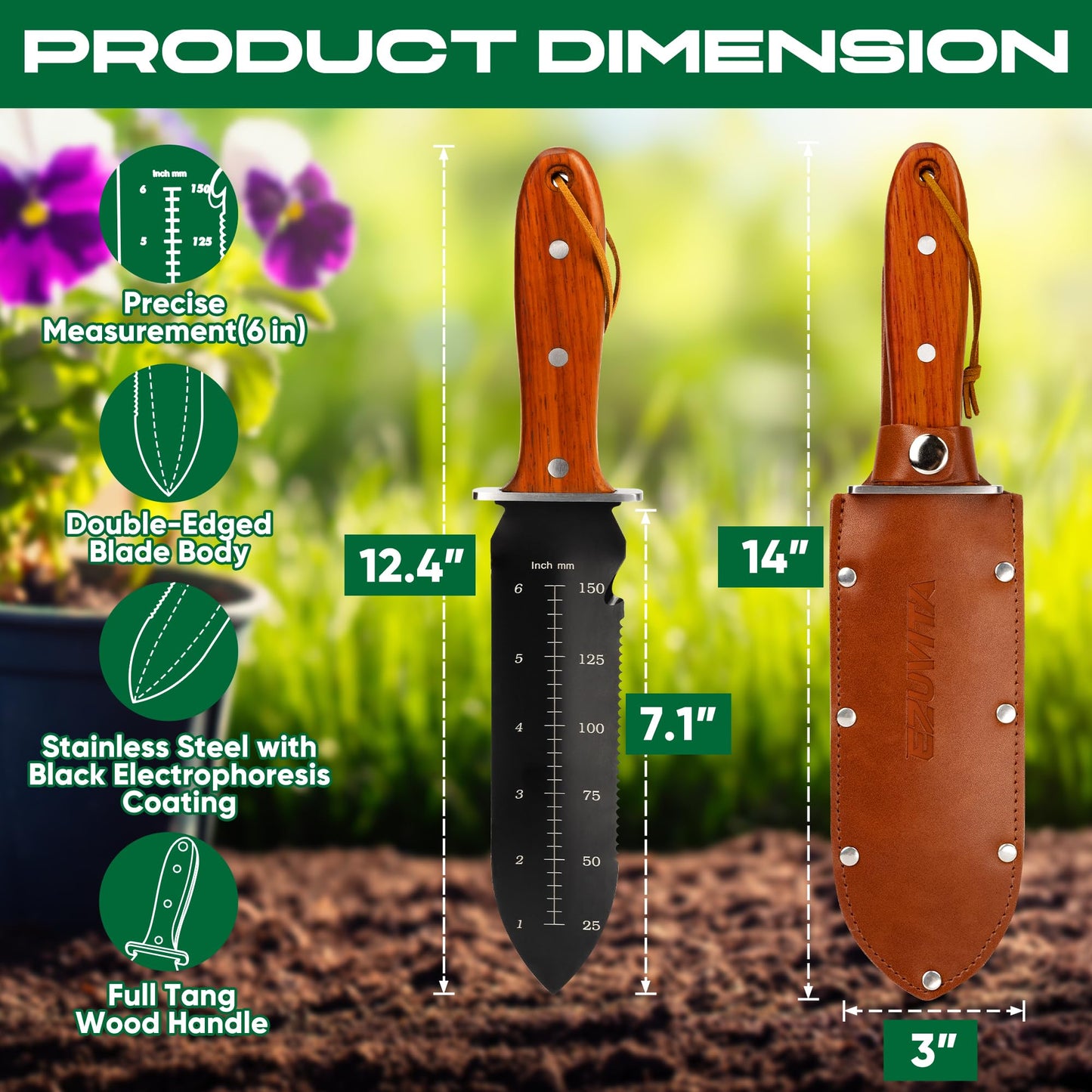 EZUVITA Hori Hori Garden Knife, Gardening Tools with Leather Sheath for Weeding, Gardening, Digging, 7” Stainless Steel Blade with Black Electrophoresis Coating, Double Cutting Edge, Full Tang Wood Handle with Hanging Hole, Fathers Day Gift