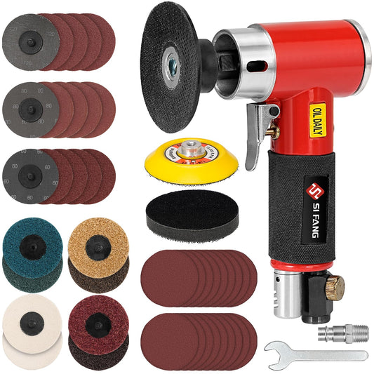 SI FANG 3 Inch Air Sander Right Angle Grinder, Upgraded Mini Pneumatic Polisher Surface Prep Conditioning Rotary Tool Kit with 45Pcs Roll Lock Quick Change Disc and Sanding Discs