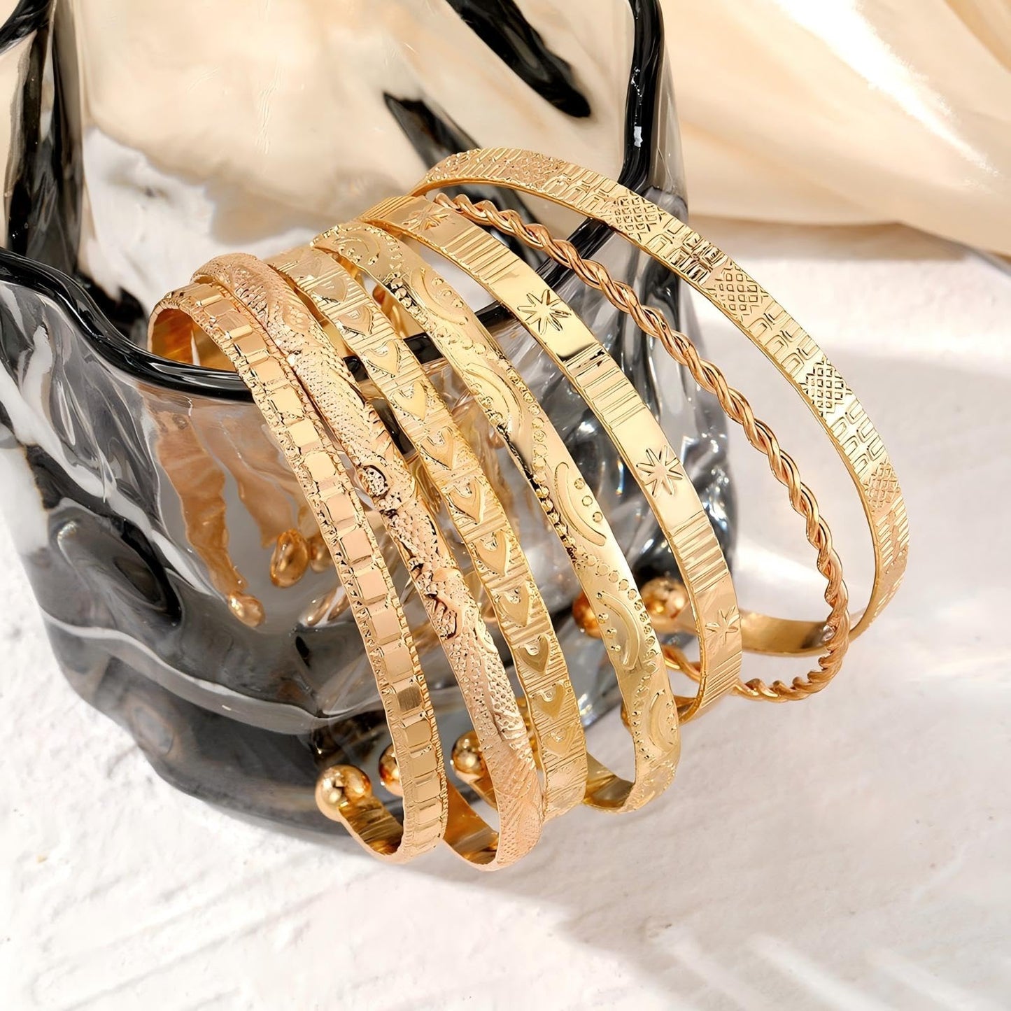 Gold Bangle Bracelet, 7 Pcs Gold Plated Dainty Layered Chain, 14K Layer Stackable Cuff Bracelet Set for Women (Gold)