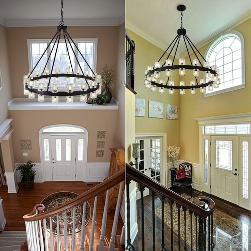 Kirahee Black Wagon Wheel Chandelier, 36" Crystal Chandelier for Dining Room Over Table, 36-Lights Hanging Pendant Light Fixtures for Living Room, Bedroom, Entryways, Includes Bulbs