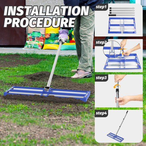 Lawn Leveling Rake with Aluminum Roller & Stainless Steel 40"x10" Levelawn Tool, Heavy-Duty Leveler with 80" Extended Handle for Garden, Golf Course & Farm Use (Blue)