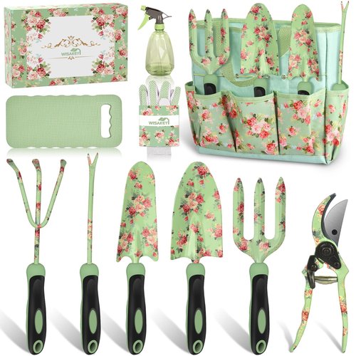 Gardening Tools, WisaKey 10 Piece Heavy Duty Garden Tools Set with Handle, Durable Fashion Garden Organizer Handbag, Ideal Gardening Gifts for Women