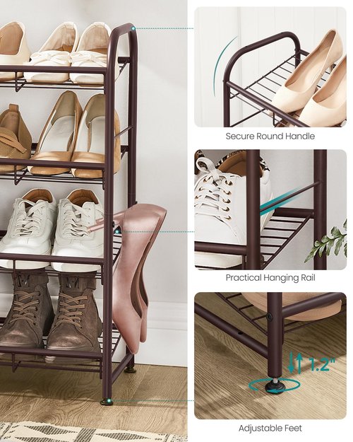 SONGMICS Stackable Shoe Rack, 4 Tier Metal Shoes Rack Storage Shelf, Holds up to 20 Pairs Shoes, Adjustable Slanted Shelves Tower Organizer for Closet Entryway Small Spaces, Bronze