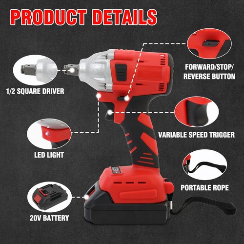 ALSO GO Cordless Impact Wrench 1/2", Electric Impact Gun 450N.m/330Ft-lbs, 20V High Torque Power Impact Driver, 2 Batteries & Fast Charger, 6 Sockets, Variable Speed for Car Repair/Truck/Mower/DIY