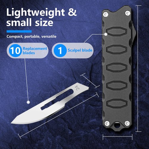 Scalpel Knife, Aluminium Alloy Box Cutter Retractable with Clip, Utility Knife with With 10pcs Carbon Steel Replacement Blades #24 (Black)