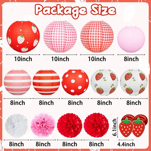 15Pcs Strawberry Paper Lanterns Decor Hanging Decorations for Berry first Birthday Party Supplies