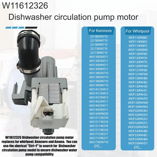 W11612326 Dishwasher Circulation Pump Motor for whirlpool/kenmore/amana, Washer Drain Pump Replacement Parts W10805386 W10879262, Dishwasher Wash Water Circulation Pump fits Models WDF330PAHS3 etc