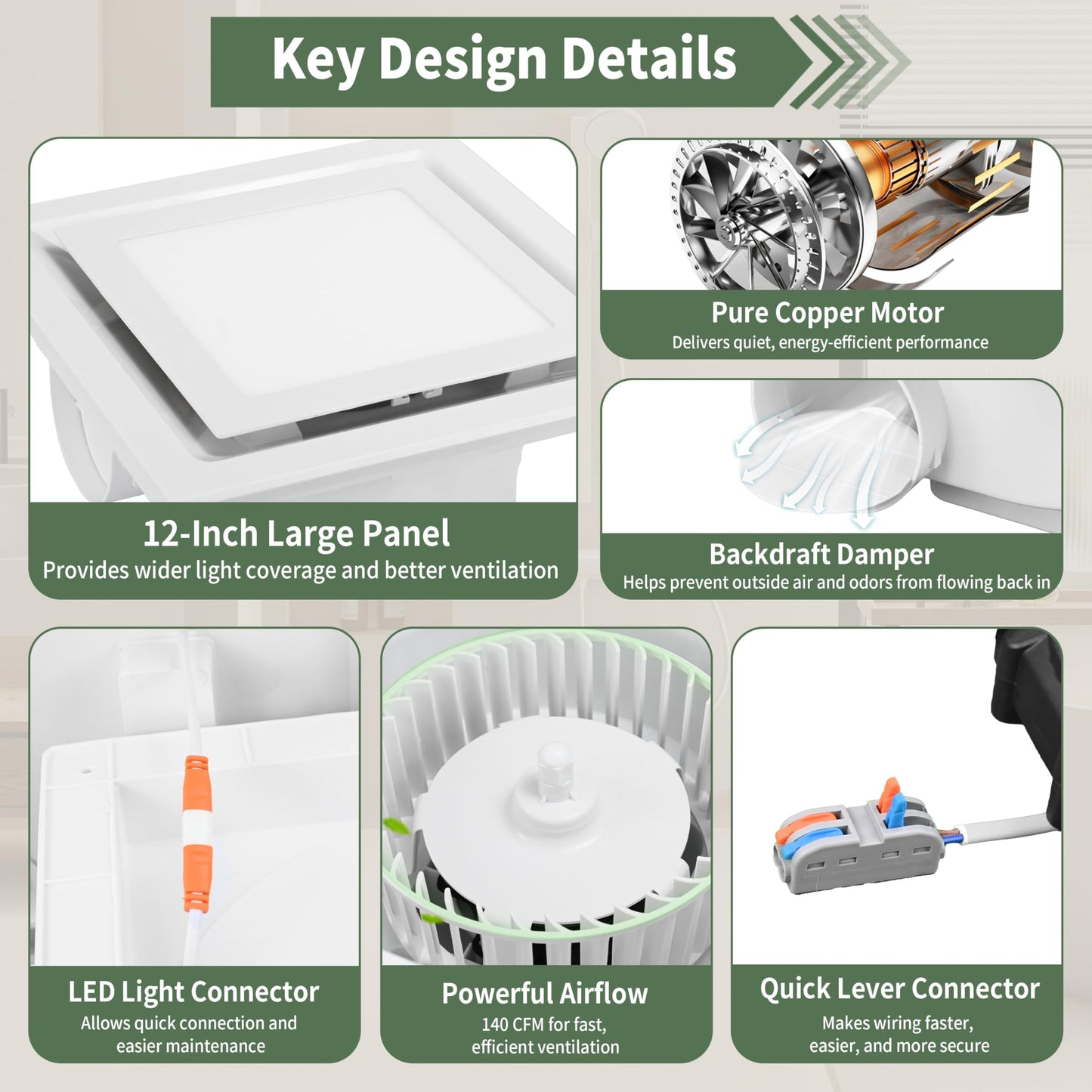 Orvexa Bathroom Exhaust Fan with Light, 140 CFM 1.0 Sone Quiet Bathroom Fan with Light, 12" x 12" Panel, 10" x 10" Ceiling Opening, 4" Duct, 6500K 1200LM LED, Independent Fan & Light Controls