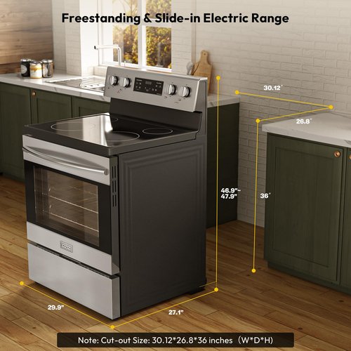 Empava Electric Range, Radiant Ceramic Cooktop with 4.8 Cu. Ft. Oven, 4 Cooking Elements, Steam Cleaning, Freestanding & Slide-in Stove in Stainless Steel,30 Inch, 240V(Power Cord Not Included)