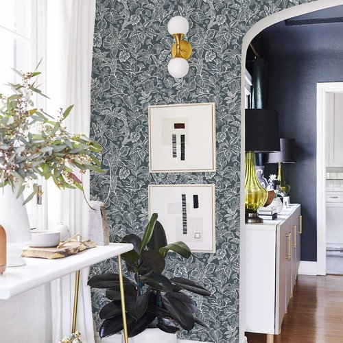 Fititem Peel and Stick Wallpaper Modern Boho Contact Paper Cabinet Dark Gray-Blue White Removable Self Adhesive Contact Paper Floral Tropical Leaf Waterproof Wallpaper Bathroom Bedroom 17.3inW 197inL