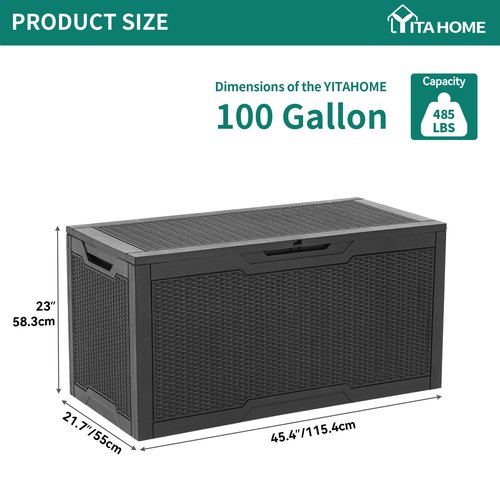 YITAHOME 100 Gallon Large Resin Deck Box Outdoor Storage Boxes for Patio Furniture, Outdoor Cushions, Garden Tools and Pool Supplies-Waterproof,Lockable (Black)