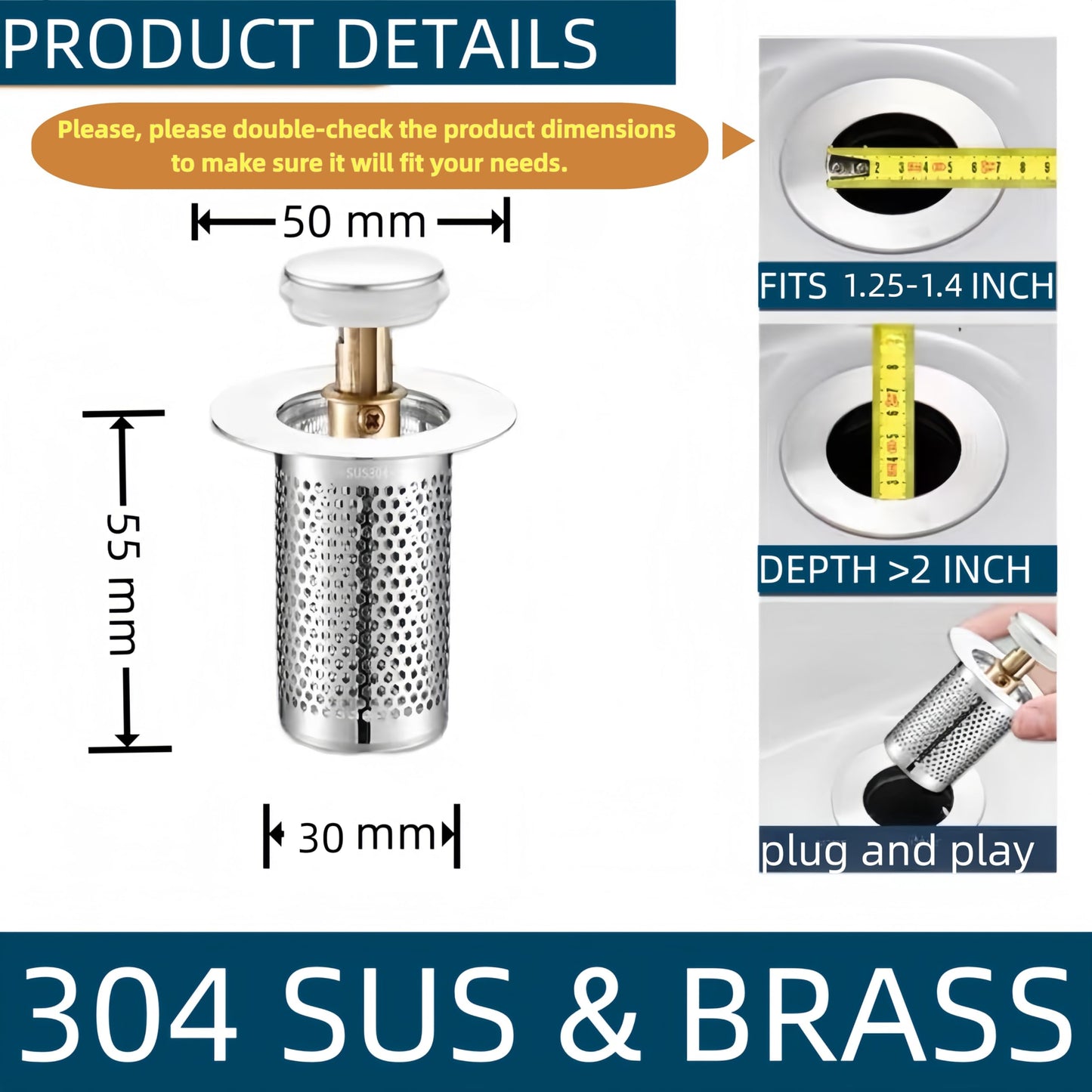 Bathroom and Kitchen Sink Drain Strainer, Universal Pop-up Sink Drain Strainer with Removable Stainless Steel Strainer Basket Hair Catcher, Universal Pop Up Bathroom Sink Stopper Replacement