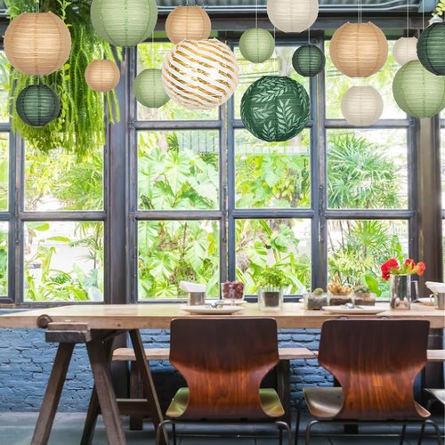 Round Chinese Paper Lanterns Decorative 16pcs Sage Green Brown Hanging Paper Lantern for Graduation, Birthday, Wedding, Jungle Theme Baby Shower Party Decorations