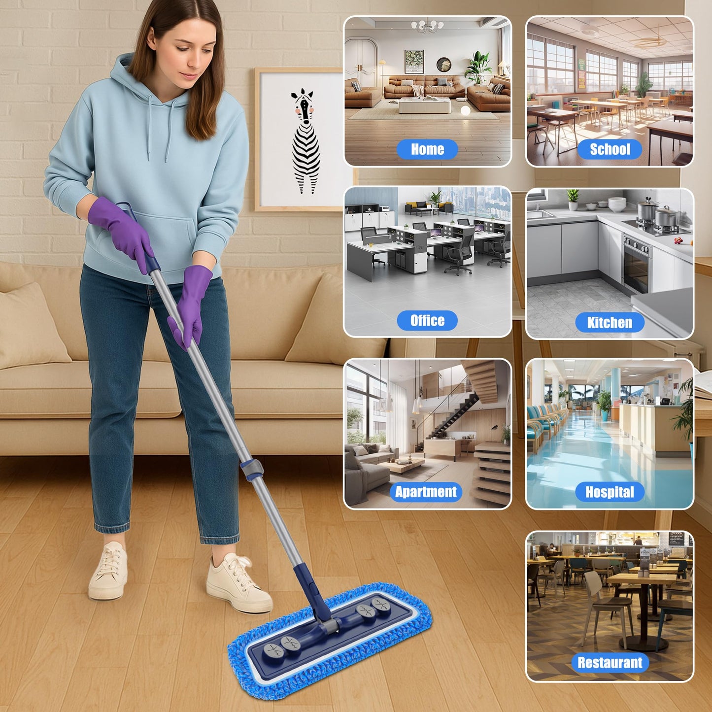 FORSPEEDER Microfiber Mops for Floor Cleaning - Dust Mop for Hardwood Floors with 55” Adjustable Handle 3 Thickened Washable Pads - Wet Dry Mopping for Pet Hairs Walls Tile Wood Laminate Home Kitchen