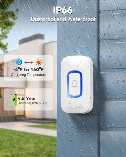 TECKNET Plug-in Wireless Doorbell with RGB Lighting & 1300 Feet Range,IP66 Waterproof Doorbell for Home/Classroom/Office/Business,60 Chimes,5-Level Volume,4.5-Year Battery Life(White)