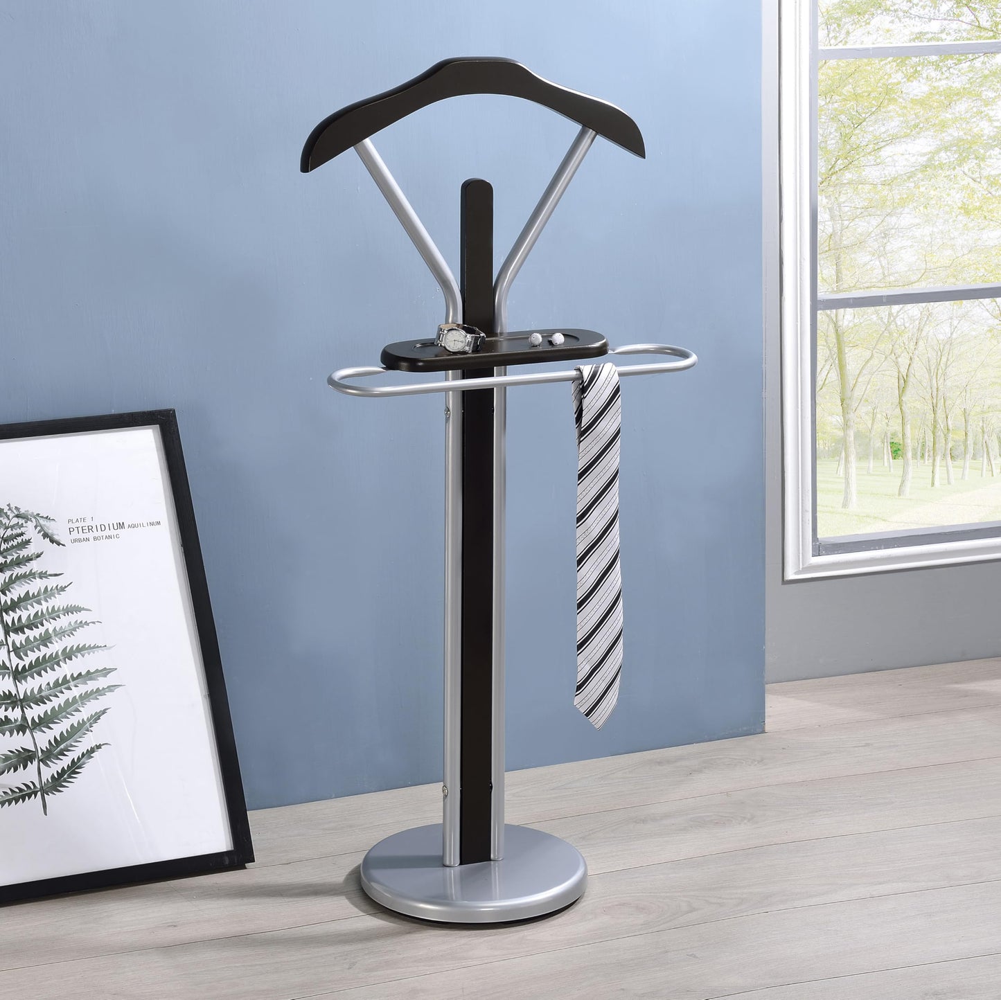 KB Designs - Suit & Tie Freestanding Valet Stand Clothing Organizer Rack, Silver/Walnut