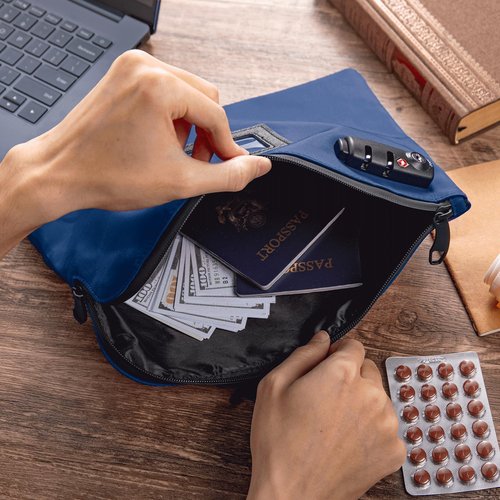 KOSMCCO Money Bag with Lock and Key, 11.8x8.6 Inch Heavy Duty Bank Deposit Bag, Secure Cash Pouch for Valuables, Durable Travel & Business Storage - Navy Blue