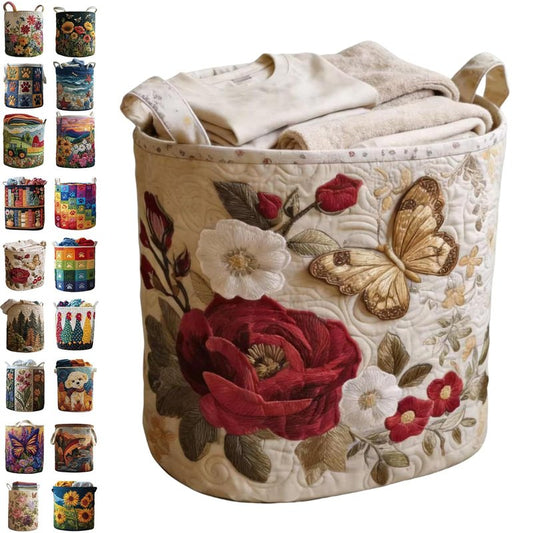 Quilted Laundry Baskets, Large Floral Boho Fabric Storage Hamper with Handles, Collapsible Soft Clothes Organizer Tote for Nursery House Styling, Portable Bedroom Washing Container