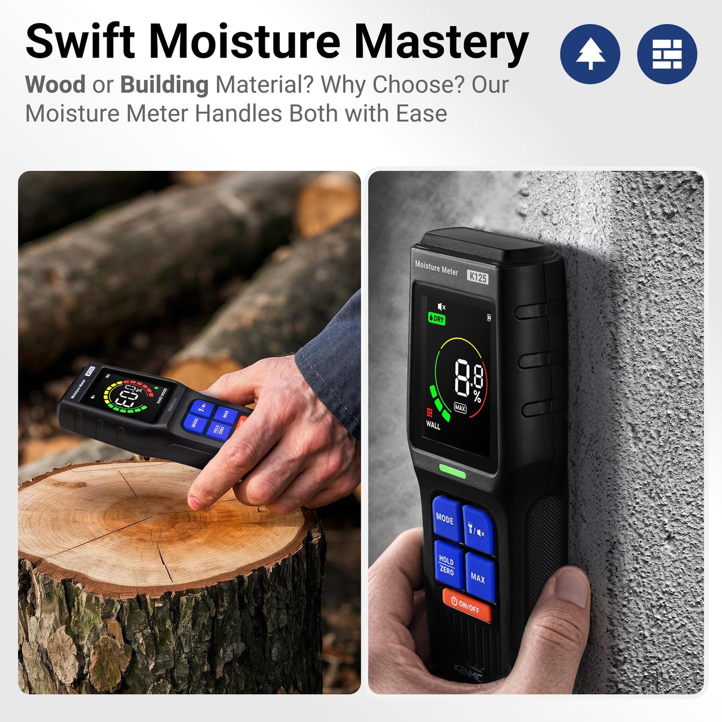 KENMIC Pinless Moisture Meter for Non-Destructive Moisture Detection in Drywall, Wood, and Masonry, Detects up to 3/4-Inch Below Surface
