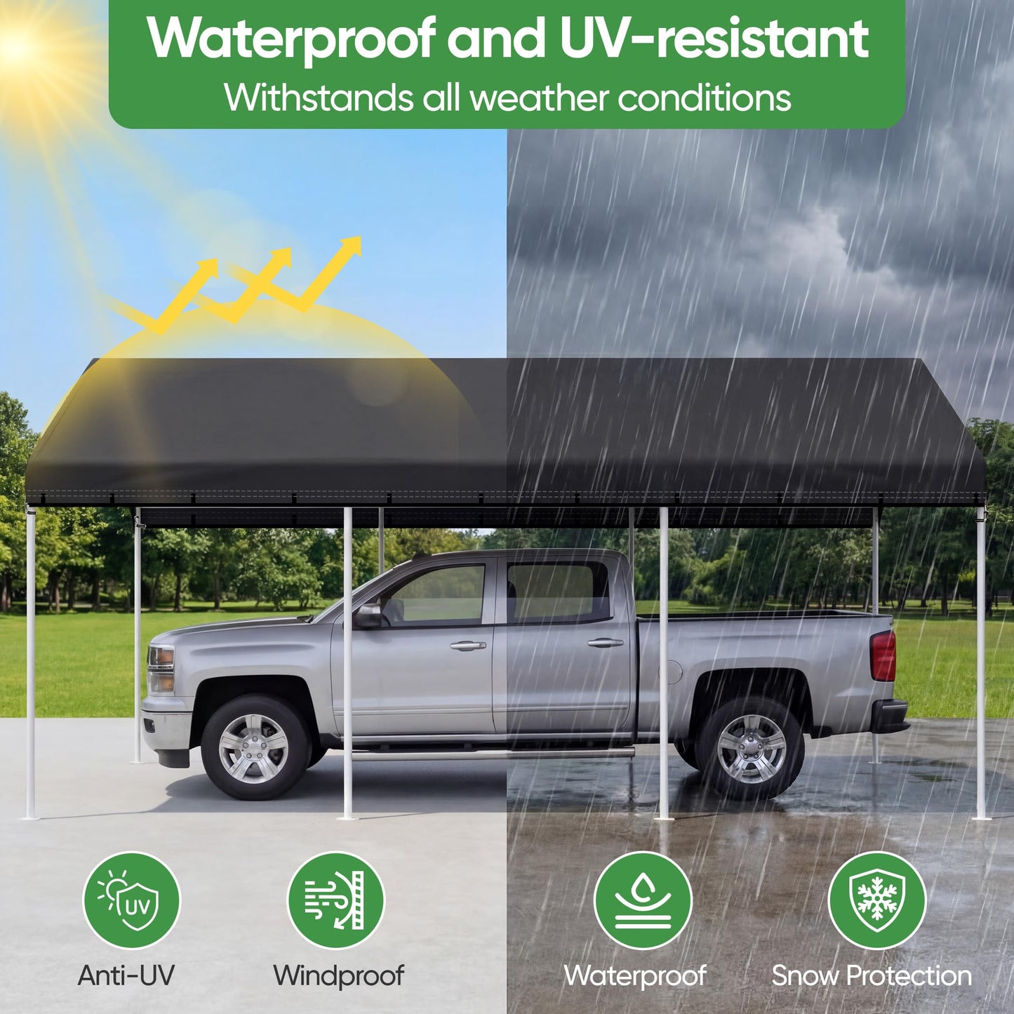 SIHAIAN 10 x 20 Ft Carport Replacement Canopy Cover(No Frame), Easy to Set up Carport Canopy, 500D Heavy-Duty Garage Top Tent Shelter Tarp Waterproof and UV Protected (Only Canopy Cover) Black