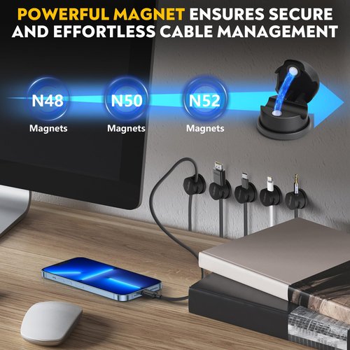 VieHome 8 Pack Magnetic Cable Management Clips - Ideal Cord Holder for Nightstand, Desk, Charger Holder - Phone Cord Holder w/360 Rotation