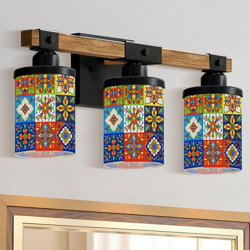 3-Light Bathroom Light Fixtures Mexican Talavera Ceramic Tile Seamless Ethnic Folk Ornament Italian Bathroom Vanity Light with Glass Shade Wood Wall Sconces Wall Lamp for Mirror Bedroom Living Room